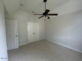 134 Shadow Ln, Batesville, MS 38606 - unfurnished bedroom featuring vaulted ceiling, carpet flooring, a closet, baseboards, and a ceiling fan