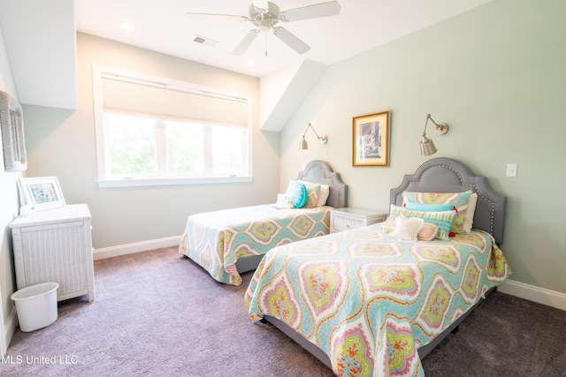 carpeted bedroom featuring a ceiling fan, recessed lighting, visible vents, and baseboards