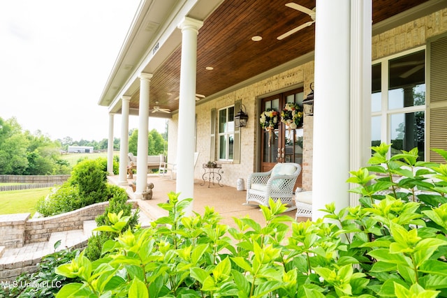 view of patio / terrace featuring covered porch and ceiling fan