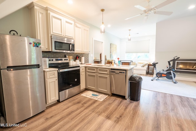 kitchen featuring a peninsula, a sink, open floor plan, appliances with stainless steel finishes, and light wood finished floors