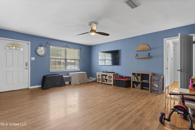 12509 Ponce De Leon Dr, Ocean Springs, MS 39564 - recreation room featuring a ceiling fan, baseboards, visible vents, and wood finished floors
