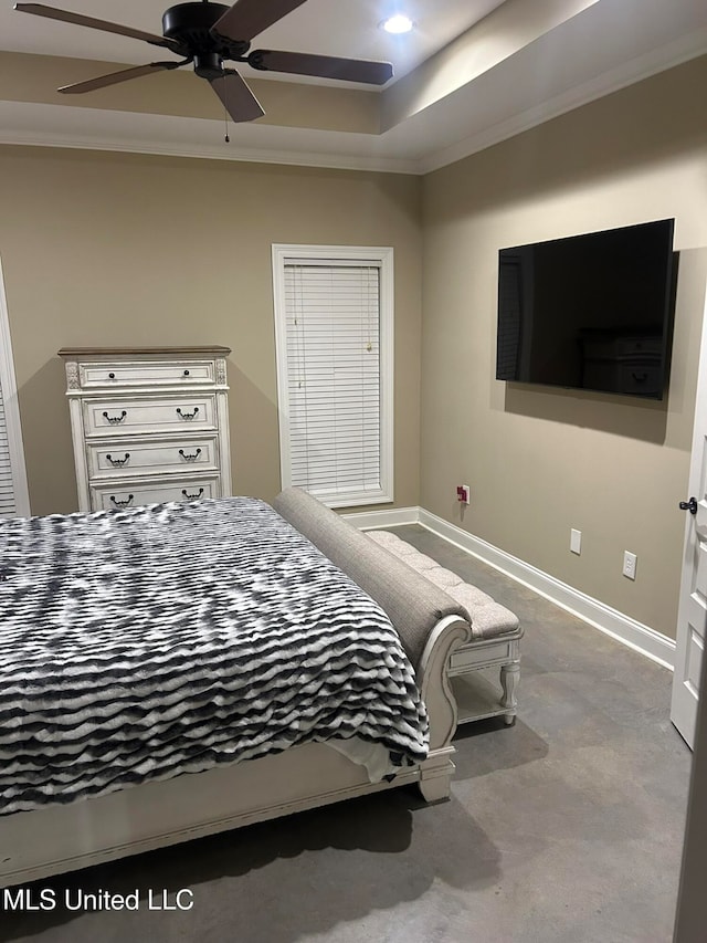 carpeted bedroom featuring ceiling fan and ornamental molding