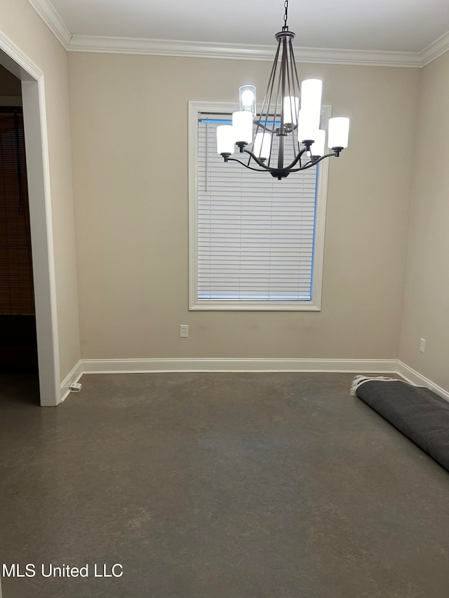 unfurnished dining area featuring crown molding and a notable chandelier