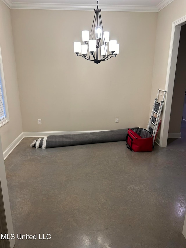 interior space with a chandelier and crown molding