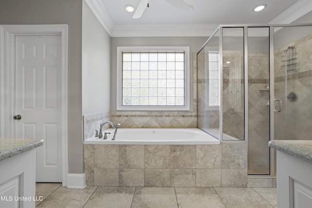 1529 Magnolia St Unit 15, Gulfport, MS 39507 - full bathroom featuring vanity, a bath, crown molding, a stall shower, and ceiling fan