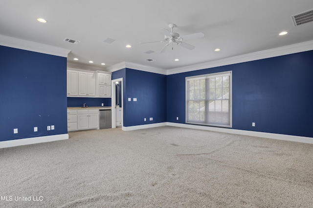 1529 Magnolia St Unit 15, Gulfport, MS 39507 - unfurnished living room with crown molding, baseboards, a ceiling fan, light colored carpet, and recessed lighting