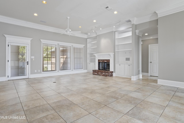 1529 Magnolia St Unit 15, Gulfport, MS 39507 - unfurnished living room featuring light tile patterned floors, built in features, ornamental molding, recessed lighting, and a ceiling fan