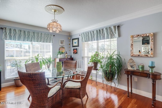 dining room with crown molding, plenty of natural light, and hardwood / wood-style floors