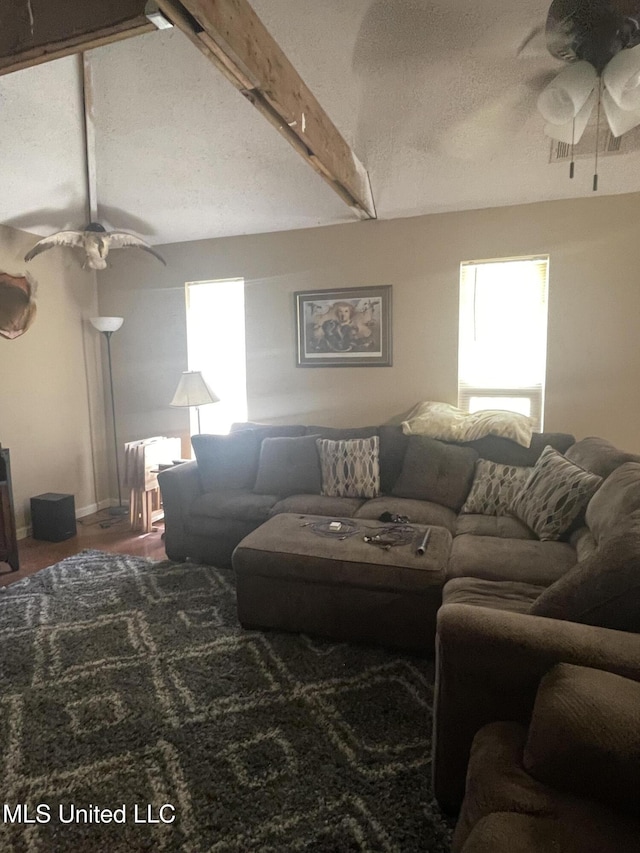 20 Cedar Hts, Pope, MS 38658 - living room featuring ceiling fan, beam ceiling, and baseboards