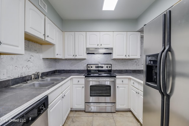 kitchen with white cabinetry, under cabinet range hood, appliances with stainless steel finishes, and a sink