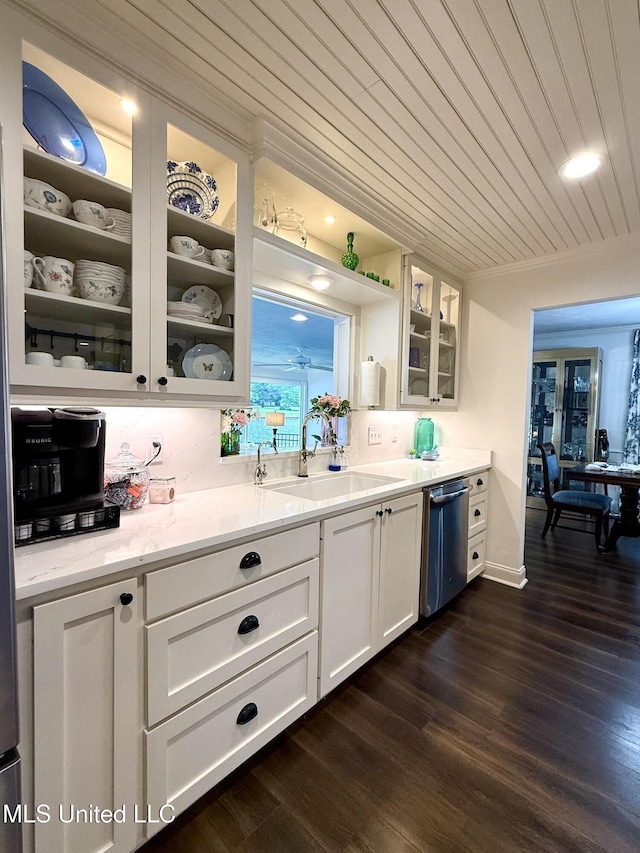 bar with dishwasher, a sink, dark wood-style floors, wooden ceiling, and crown molding