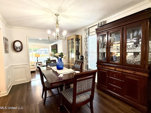 dining area featuring a chandelier, dark wood-type flooring, crown molding, and a wainscoted wall
