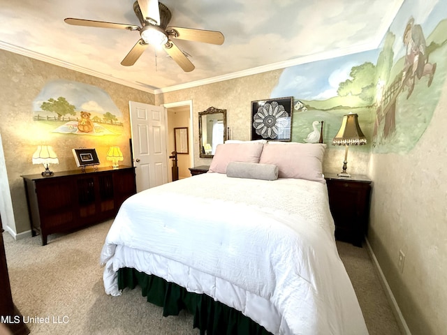 bedroom featuring carpet floors, ornamental molding, ceiling fan, and baseboards
