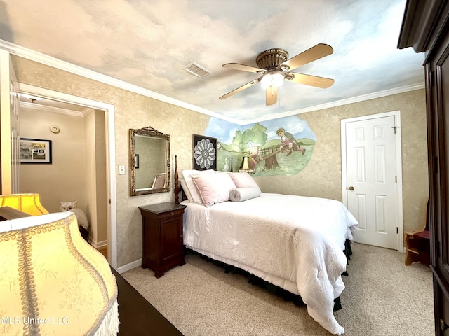 bedroom featuring light colored carpet, ceiling fan, and crown molding