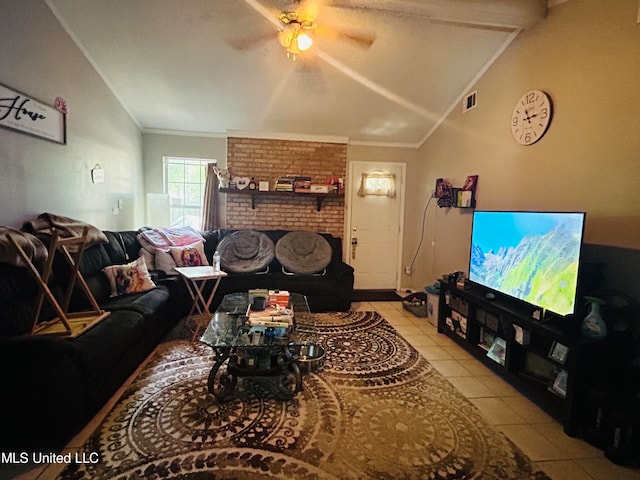 living room with vaulted ceiling, light tile patterned flooring, crown molding, and ceiling fan