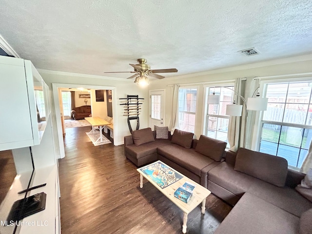 living room featuring a textured ceiling, ceiling fan, and dark hardwood / wood-style flooring