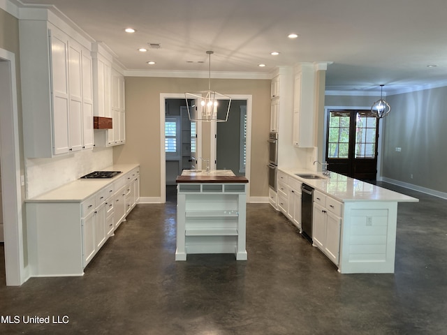 kitchen featuring stainless steel appliances, open shelves, a sink, concrete floors, and recessed lighting