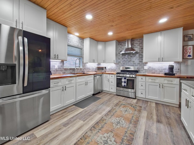 881 Brentwood Dr, Biloxi, MS 39532 - kitchen with appliances with stainless steel finishes, butcher block countertops, wall chimney range hood, wooden ceiling, and tasteful backsplash