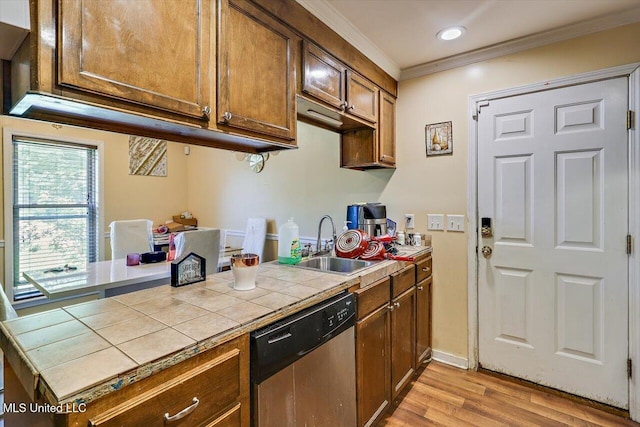 6 Laurie Cv, Byram, MS 39272 - kitchen featuring dishwasher, tile countertops, ornamental molding, light wood-style flooring, and a sink