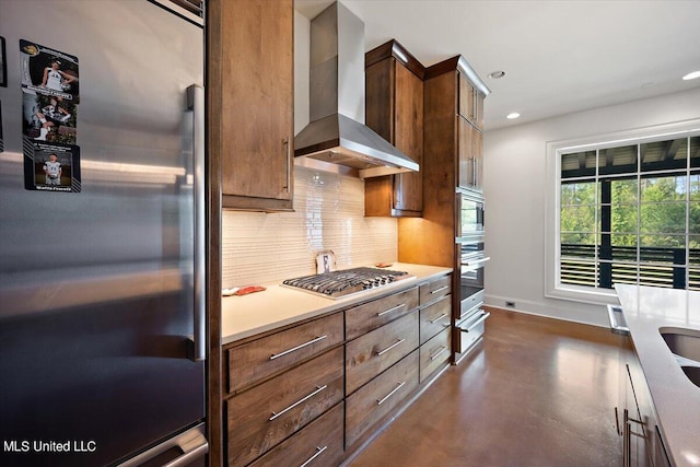 145 Republic St Unit 331, Madison, MS 39110 - kitchen featuring appliances with stainless steel finishes, wall chimney range hood, a warming drawer, backsplash, and recessed lighting