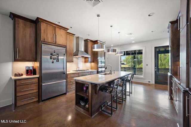 145 Republic St Unit 331, Madison, MS 39110 - kitchen featuring built in appliances, wall chimney range hood, decorative backsplash, finished concrete flooring, and recessed lighting