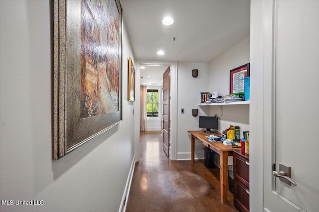 145 Republic St Unit 331, Madison, MS 39110 - hall featuring baseboards, finished concrete flooring, recessed lighting, and an office area