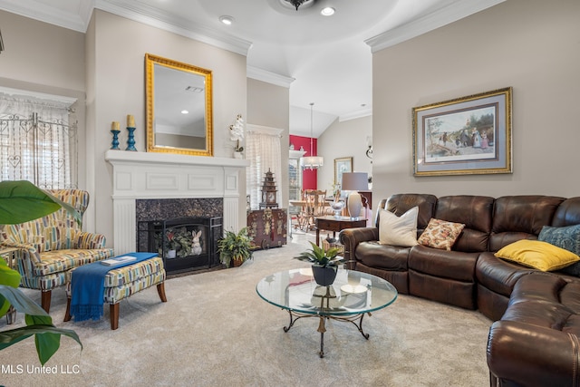 carpeted living room featuring crown molding, a high end fireplace, and vaulted ceiling