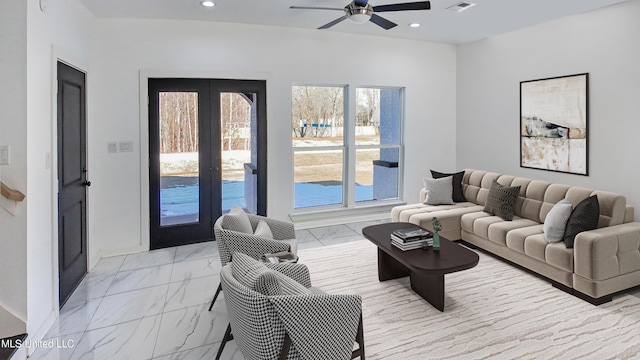 living room with ceiling fan