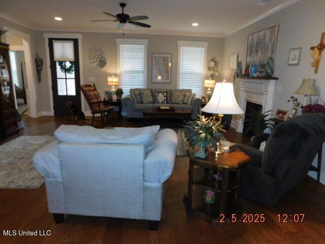 living room with crown molding, ceiling fan, and dark hardwood / wood-style floors