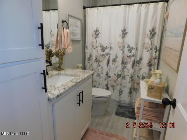 bathroom featuring vanity, toilet, and walk in shower