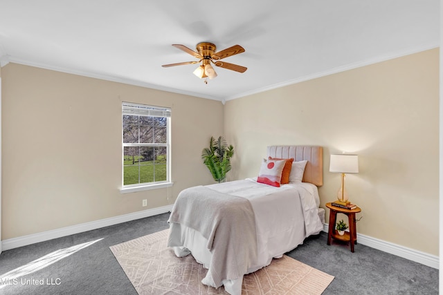 carpeted bedroom with ornamental molding, a ceiling fan, and baseboards