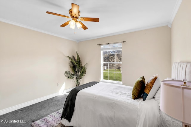 bedroom featuring carpet, baseboards, a ceiling fan, and ornamental molding