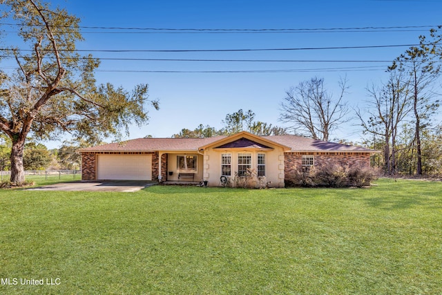 ranch-style home featuring concrete driveway, an attached garage, fence, a front lawn, and stucco siding