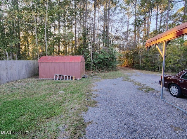 view of yard featuring a shed