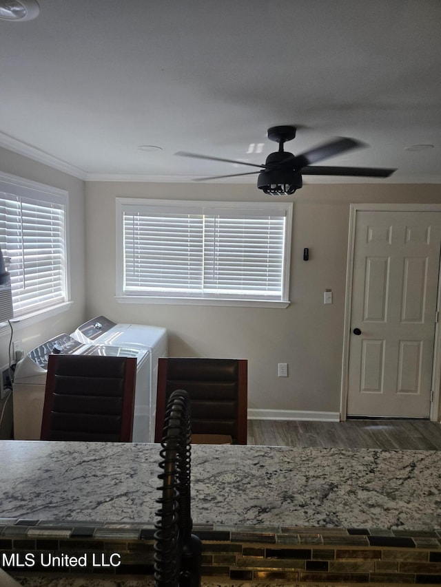 783 Rising Star Rd, Holly Springs, MS 38635 - bedroom with washing machine and clothes dryer, wood finished floors, crown molding, and ceiling fan