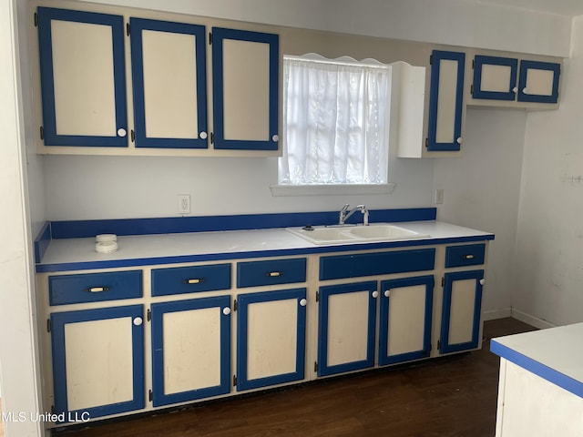 kitchen featuring blue cabinetry, sink, and dark hardwood / wood-style floors