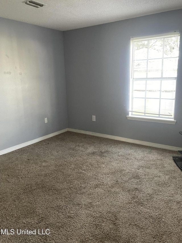 unfurnished room featuring a textured ceiling and carpet flooring