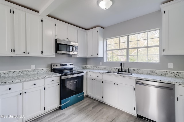 kitchen with white cabinetry, sink, stainless steel appliances, and light hardwood / wood-style floors