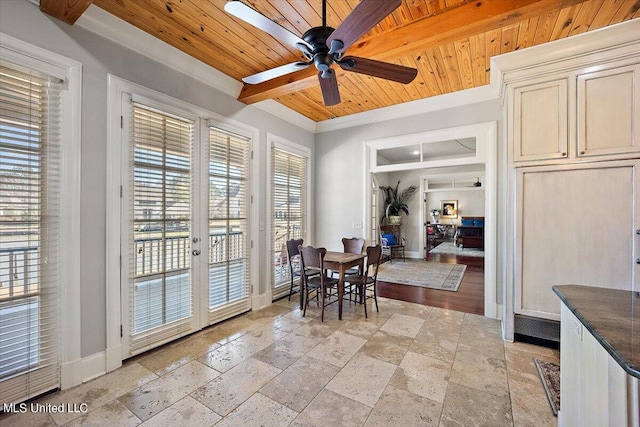 dining room featuring french doors, ceiling fan, wooden ceiling, and plenty of natural light