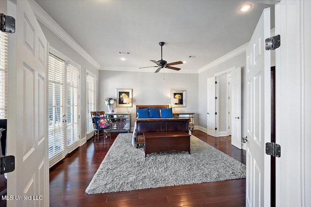 bedroom featuring french doors, access to exterior, crown molding, and dark hardwood / wood-style flooring