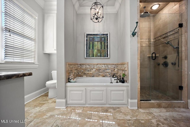 bathroom with ornamental molding, shower with separate bathtub, toilet, and plenty of natural light