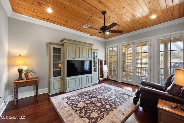 living room featuring wood ceiling, ornamental molding, and dark hardwood / wood-style flooring