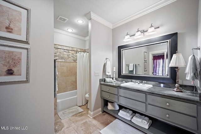 full bathroom featuring vanity, ornamental molding, toilet, and shower / bathtub combination with curtain