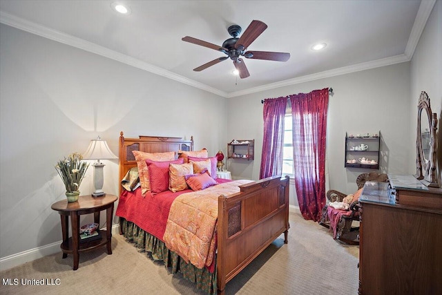 carpeted bedroom featuring crown molding and ceiling fan