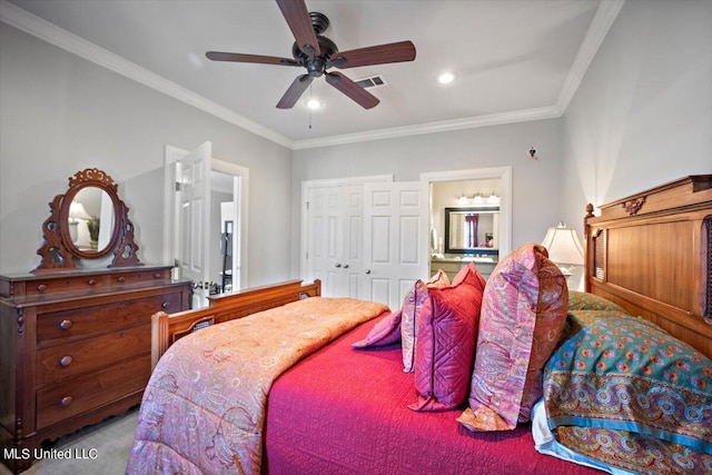 bedroom featuring a closet, ceiling fan, crown molding, and ensuite bathroom