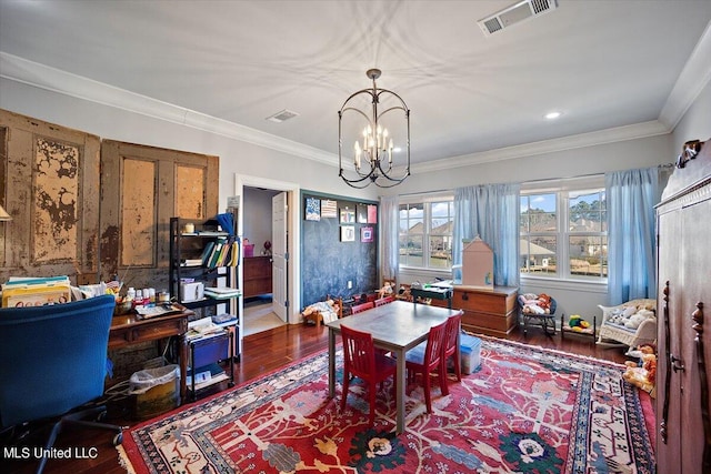 office area featuring crown molding, wood-type flooring, and an inviting chandelier