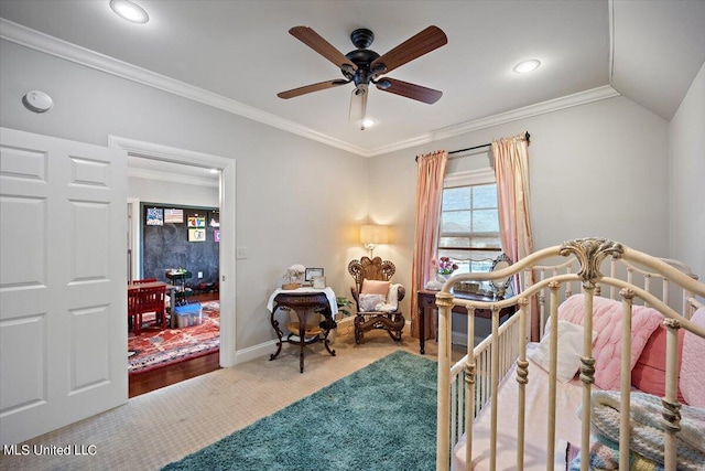 bedroom with ornamental molding, hardwood / wood-style flooring, lofted ceiling, and ceiling fan