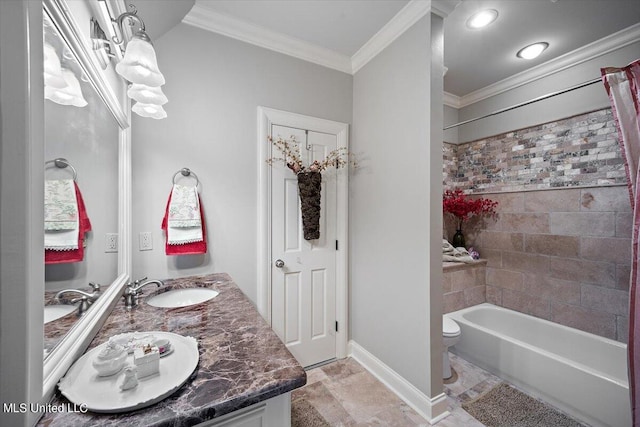 full bathroom with toilet, tiled shower / bath combo, vanity, and ornamental molding