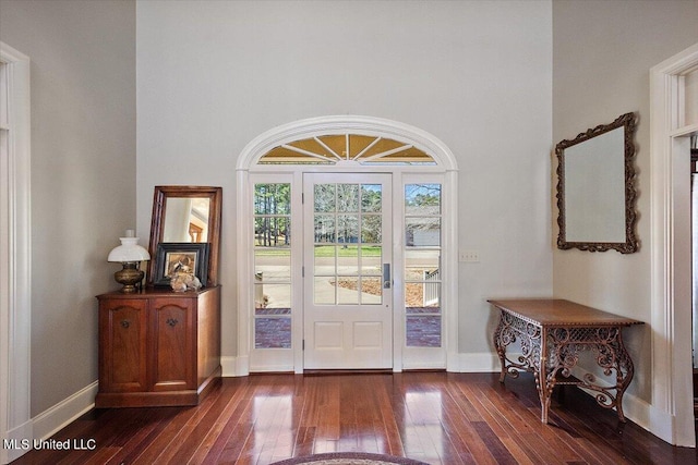 doorway featuring a towering ceiling and dark hardwood / wood-style floors