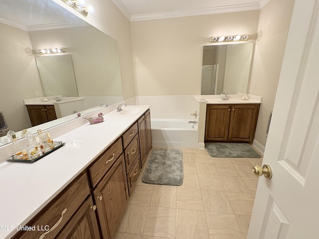 full bath with a stall shower, crown molding, a bath, and vanity